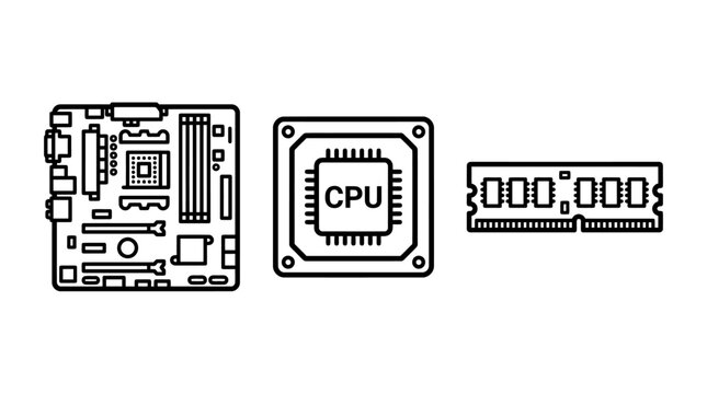Computer hardware components icons set featuring motherboard cpu and ram hardware computer processor motherboard electronic component technology mainboard integrated computing semiconductor
