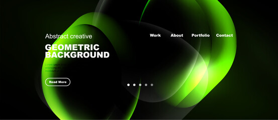 Naklejka premium Dark background features abstract green shapes, text elements, navigation options. Modern design suggests website header or banner.