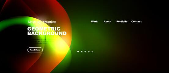 Fototapeta premium Dynamic geometric background features vibrant colors, gradients. Website header includes navigation options, button. Modern design aesthetic.