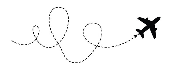 Airplane icon with dashed flight path illustrating aviation navigation, travel routes, flight tracking, destination planning, and transportation concepts ©  