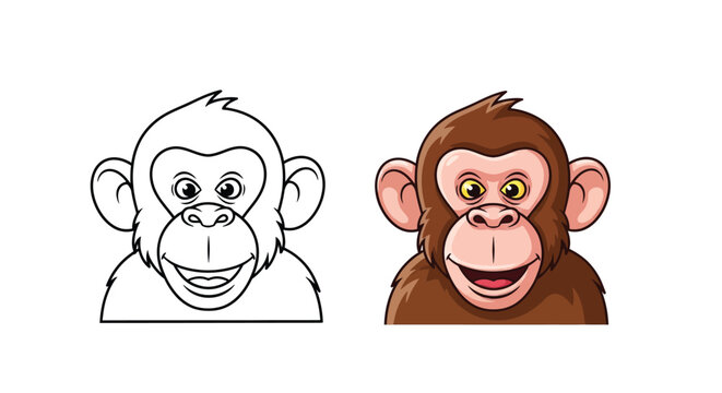 Cute cartoon monkey head shown in both black and white line art and colorful style