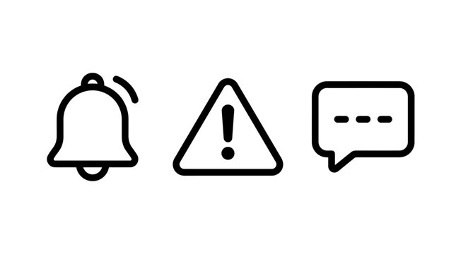 Communication and notification icons featuring alert bell warning triangle and speech bubble notification triangle communication information attention feedback customer minimalist interface
