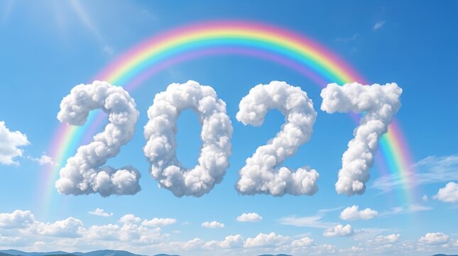 Vibrant rainbow appears behind cloudy 2027 numbers in sunny sky scene