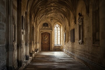 Fototapeta premium End of a vaulted stone corridor with a heavy wooden door and ornate crest.