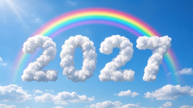 Vibrant rainbow appears with cloudy 2027 numbers in a bright blue sunny sky