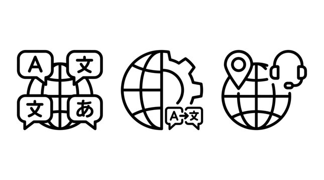 Global language translation and communication support line icons with translation language communication international customer location settings learning education interpreter dialogue