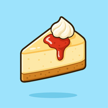 Simple and unique vector illustration of a creamy cheesecake slice, glossy strawberry sauce topping.