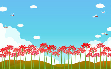 赤い彼岸花と秋の風景の背景イラスト1_横 © Peco