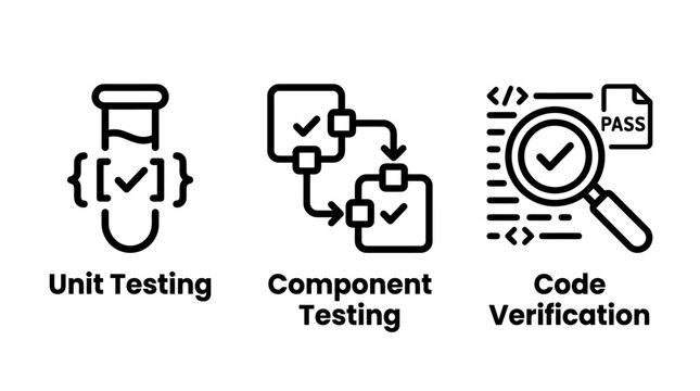 Software testing and code verification procedure icons with verification component software development assurance engineering analysis debugging validation programming scripting evaluation