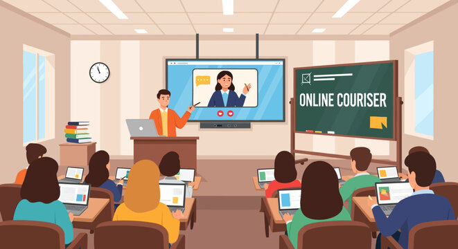 Online course learning in a classroom setting with students.