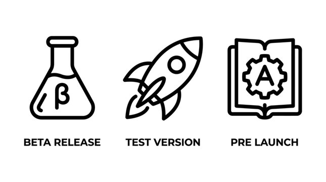 Beta release and test version icons for product launch with development software experiment laboratory documentation programming application technical innovation strategy evaluation