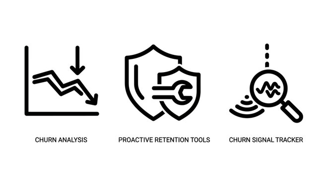 Business performance analysis and churn tracking icons set featuring optimization tools and market trends analysis performance business optimization tracking management strategy indicator