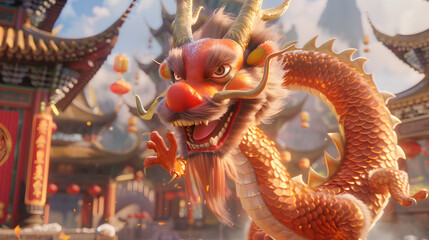 Obraz premium Chinese dragon in traditional temple setting with red and gold decorations
