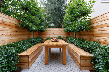 Fototapeta premium Modern outdoor patio area with wooden dining table and built-in benches