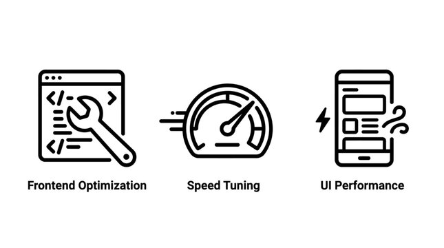 Frontend optimization and speed tuning performance icons with frontend optimization performance interface development speedometer weboptimization fastloading userexperience webperformance