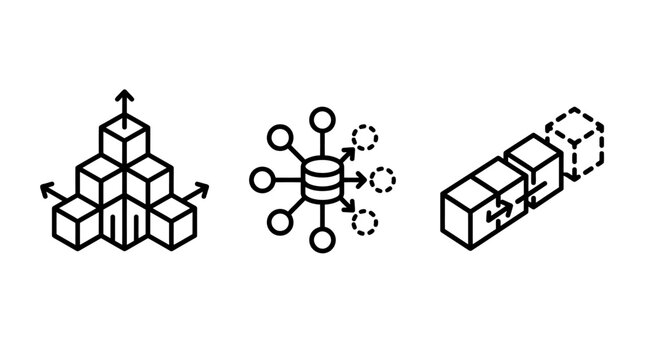 Data architecture and structural modular development icons with architecture structural development structure database connection hierarchy organization expansion integration information