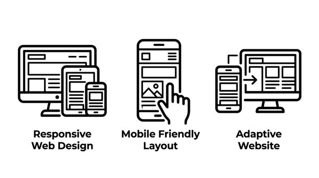 Responsive web design and adaptive layout icons showing website scalability and mobile friendly interfaces with responsive adaptive interface technology internet experience smartphone browsing