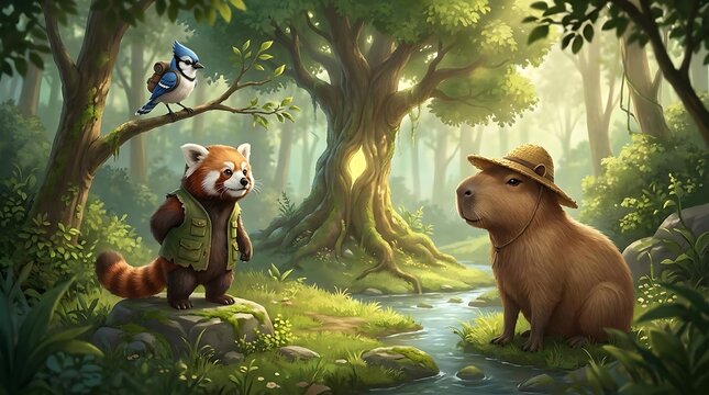 Charming anthropomorphic animals interacting in a magical forest setting