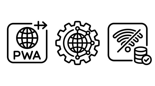Progressive web app and network connectivity icon set with application connectivity database internet technology settings configuration synchronization communication wireless optimization