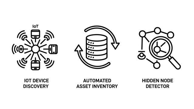 Network administration and automated asset discovery icons with discovery inventory automated security administration infrastructure monitoring management tracking detection scanning