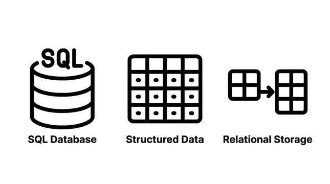 Database architecture and structured data storage icons with database structured relational architecture information programming technology computing management development software