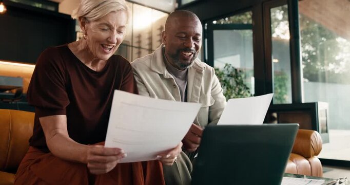 Documents, finance and laughing with interracial couple on sofa in home living room for planning. Computer, funny and paperwork with mature people in apartment for financial discussion or review