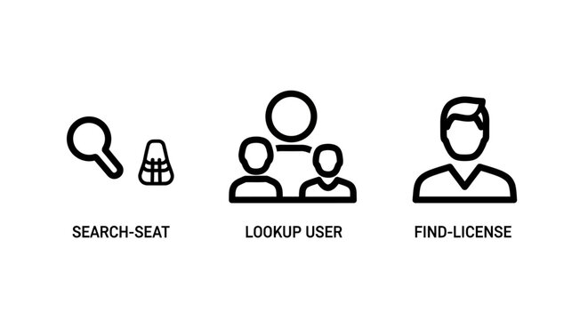 Search seat lookup user find license icons set for administrative software interface with management software interface business analysis database information directory monitoring customer