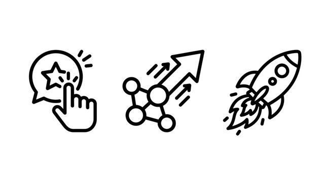 Business growth and success icons depicting star rating molecule expansion and launching rocket expansion business innovation development molecule marketing performance strategy increase
