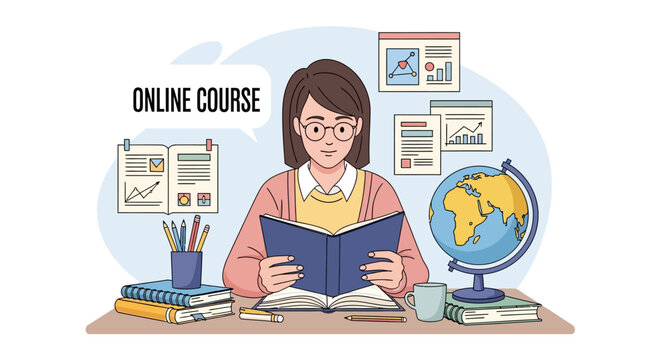 Young woman studying online course material with globe and books.