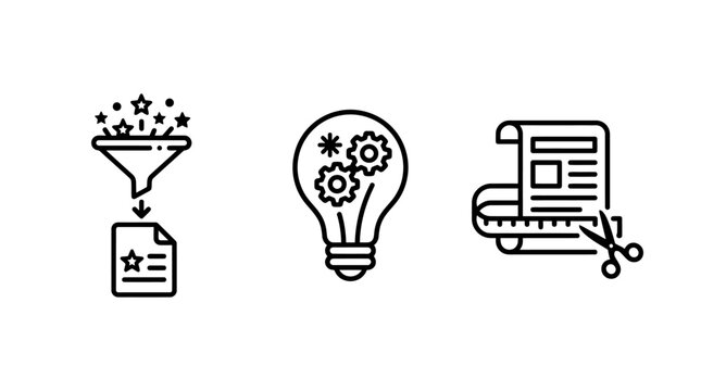 Data filtering and product development workflow icons with document scissors development workflow innovation management business strategy creative thinking engineering optimization