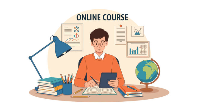 Man Studying Online Course with Tablet and Books.