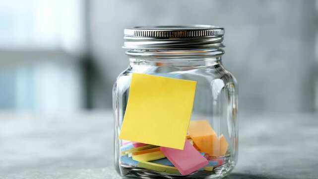 A transparent glass jar holds a variety of multicolored sticky notes, with a yellow note attached to the jar. This image symbolizes brainstorming, reminders, and efficient office organization