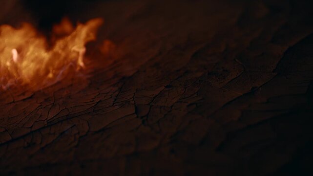 Cracked Dry Soil With Burning Fire Climate Change And Global Warming Concept 4K
