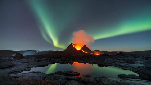 Volcano Aurora Reflection 4K Generative AI