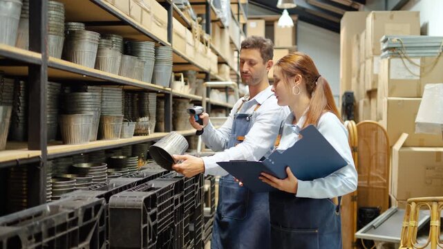 Two warehouse workers scanning inventory items with a barcode reader and checking a clipboard. Small business owners managing stock in a storage facility. Teamwork in logistics and supply chain.