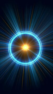 Blue neon circular portal emits radiant energy beams and digital light streaks in a cosmic abstract scene. Futuristic technology and sci fi design evoke innovation and high tech aesthetics