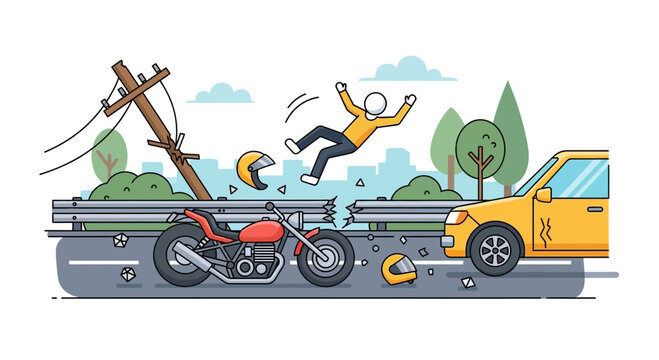 Motorcycle accident illustration person ejected from vehicle near car and power line