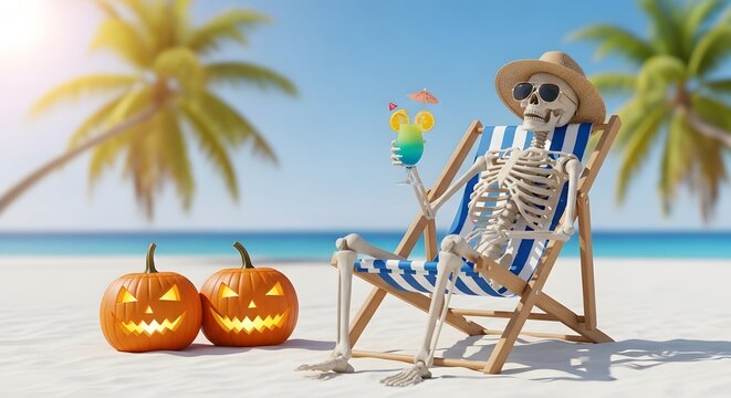 A skeleton relaxing on a beach chair with a tropical cocktail and jackolanterns on the sand