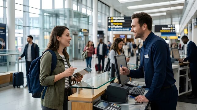 Traveler asking male staff member for directions at information desk