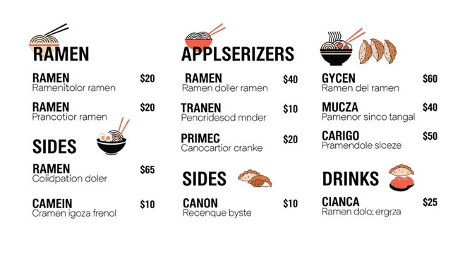 Illustrated ramen menu with pricing and dish names for restaurant