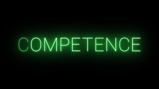 Flickering neon green glowing competence sign animated black background.