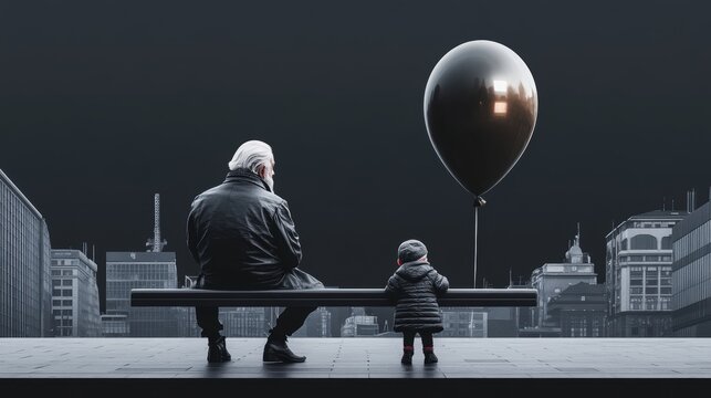 a bold black and white photo of an old man sitting on a bench in the square, sunday morning, charmingly and contemplatively viewing a child playing with his balloon, photo in 18th century clothes, ima
