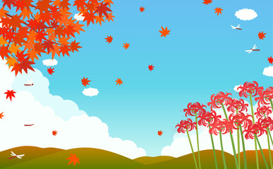 赤い彼岸花と秋の紅葉の背景イラスト2_横 © Peco