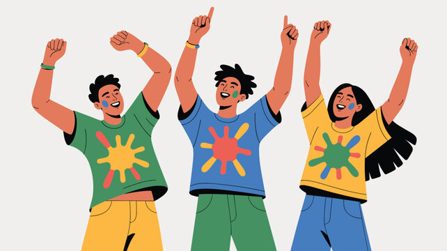 Group of cheerful friends raising their hands and dancing with colorful paint on faces during fun holi festival party.