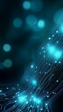 Abstract digital circuitry with glowing blue lines and bokeh lights creates a high tech, futuristic atmosphere. Perfect for illustrating innovation, connectivity, and advanced technology themes