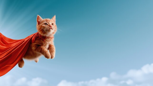 Flying Superhero Kitten with Red Cape Against Blue Sky Copy Space Background
