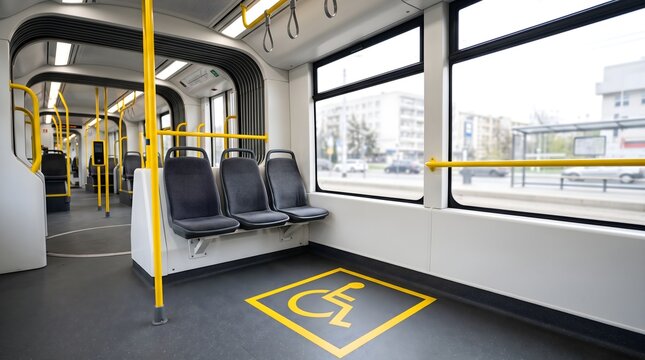Modern public tram interior with yellow handrails and wheelchair accessibility symbol on the floor for inclusive urban transport lifestyle concept