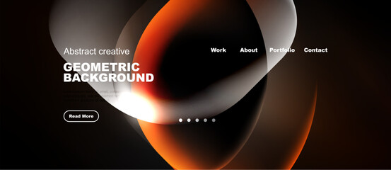 Naklejka premium Abstract design features overlapping shapes, warm colors, dark background. Website header includes navigation options, text elements.