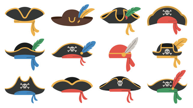 Collection of twelve different pirate hats and bicornes with feathers, skulls, and colorful bandanas is shown in a grid layout.