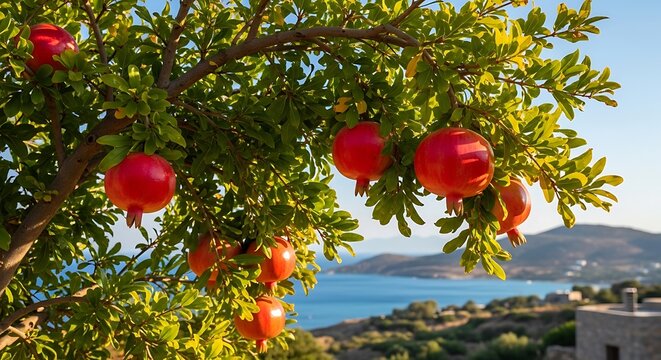 Vibrant Red Lanterns Hanging from Tree Branches with Scenic Coastal View.